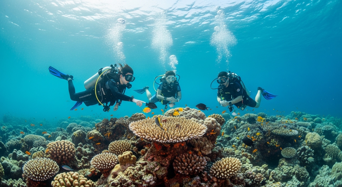 Taucher bei einem Specialty Kurs am Korallenriff vor Koh Tao