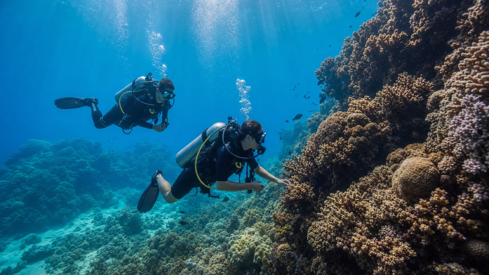 Taucher erkundet ein tiefes Korallenriff auf Koh Tao beim SSI Advanced Adventurer Kurs