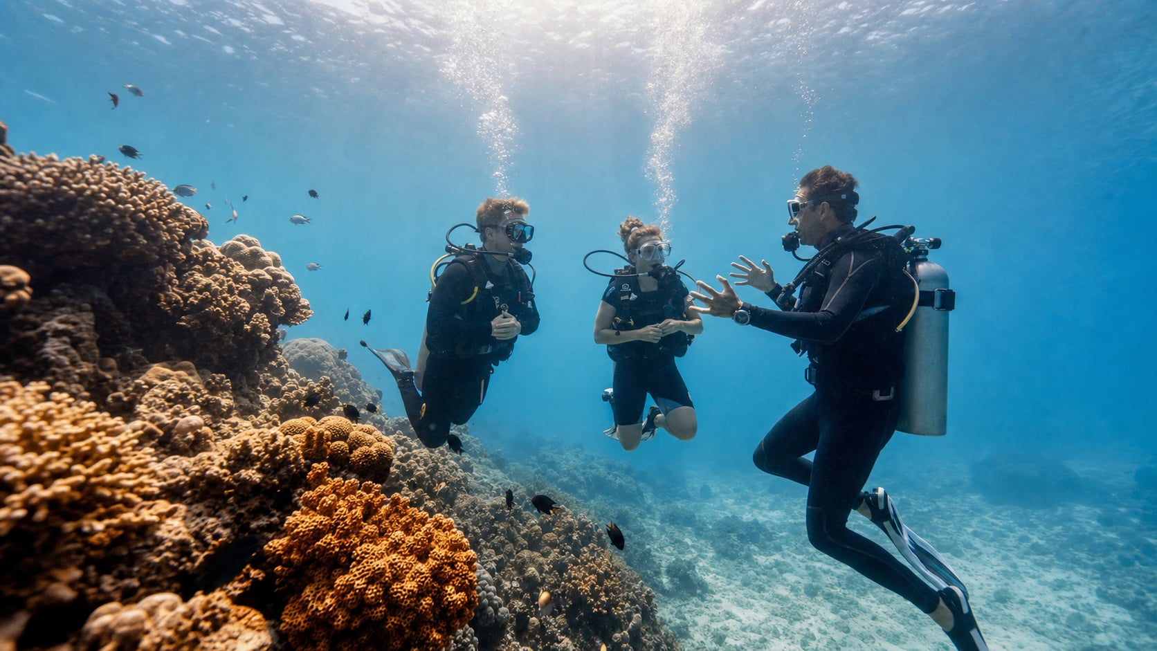 Taucher im SSI Open Water Kurs unter Wasser bei Koh Tao Thailand mit Instructor