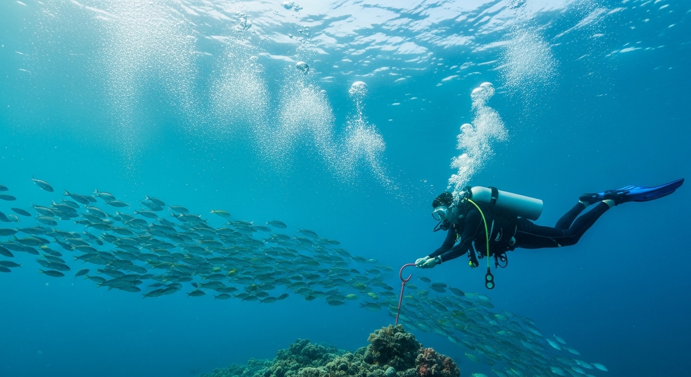 Taucher treibt in einer Meeresströmung über ein Korallenriff bei Koh Tao Thailand