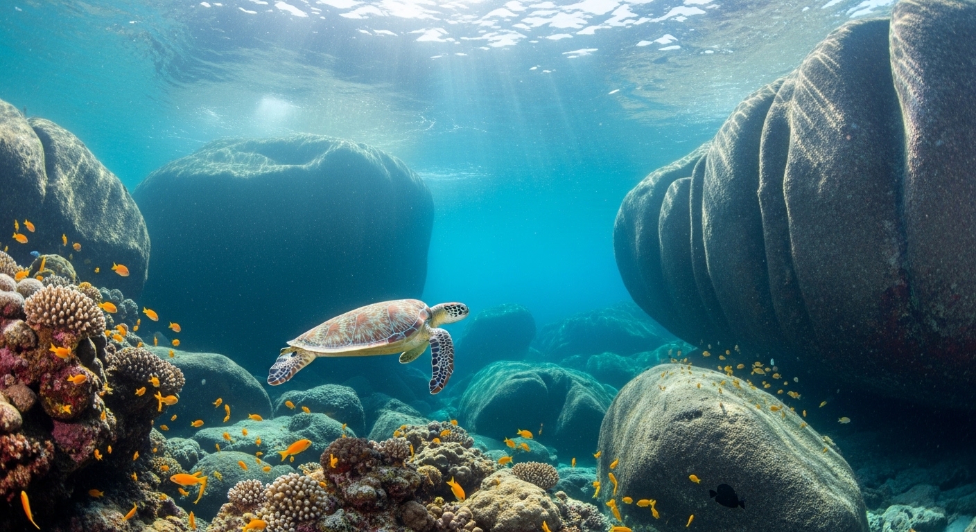 Unterwasserlandschaft mit großen Granitfelsen und tropischen Fischen in der Tanote Bay Koh Tao