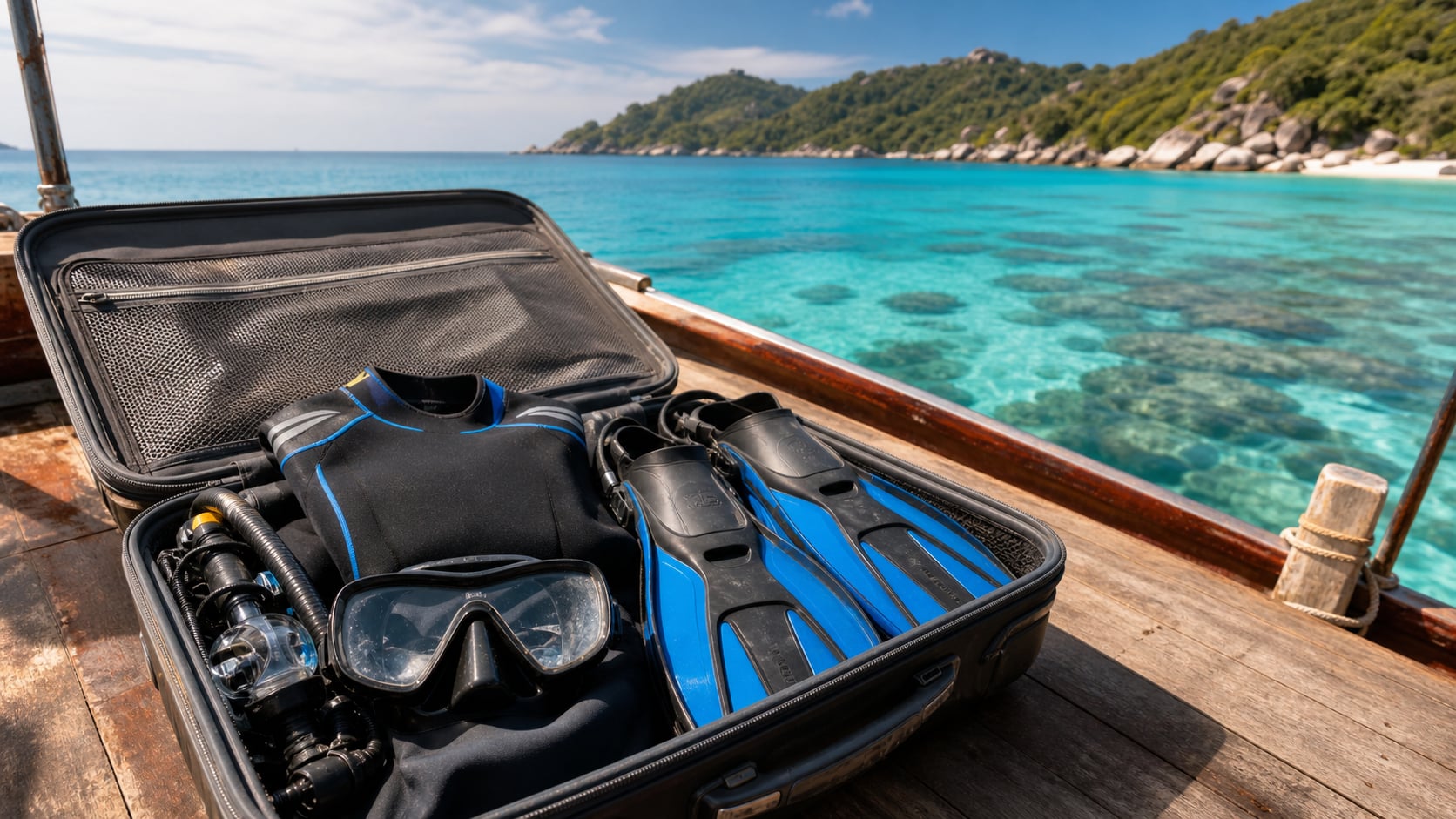 Tauchausrüstung sorgfältig in einem Reisekoffer verpackt am Flughafen – Maske, Flossen und Neopren für eine Tauchreise nach Koh Tao Thailand