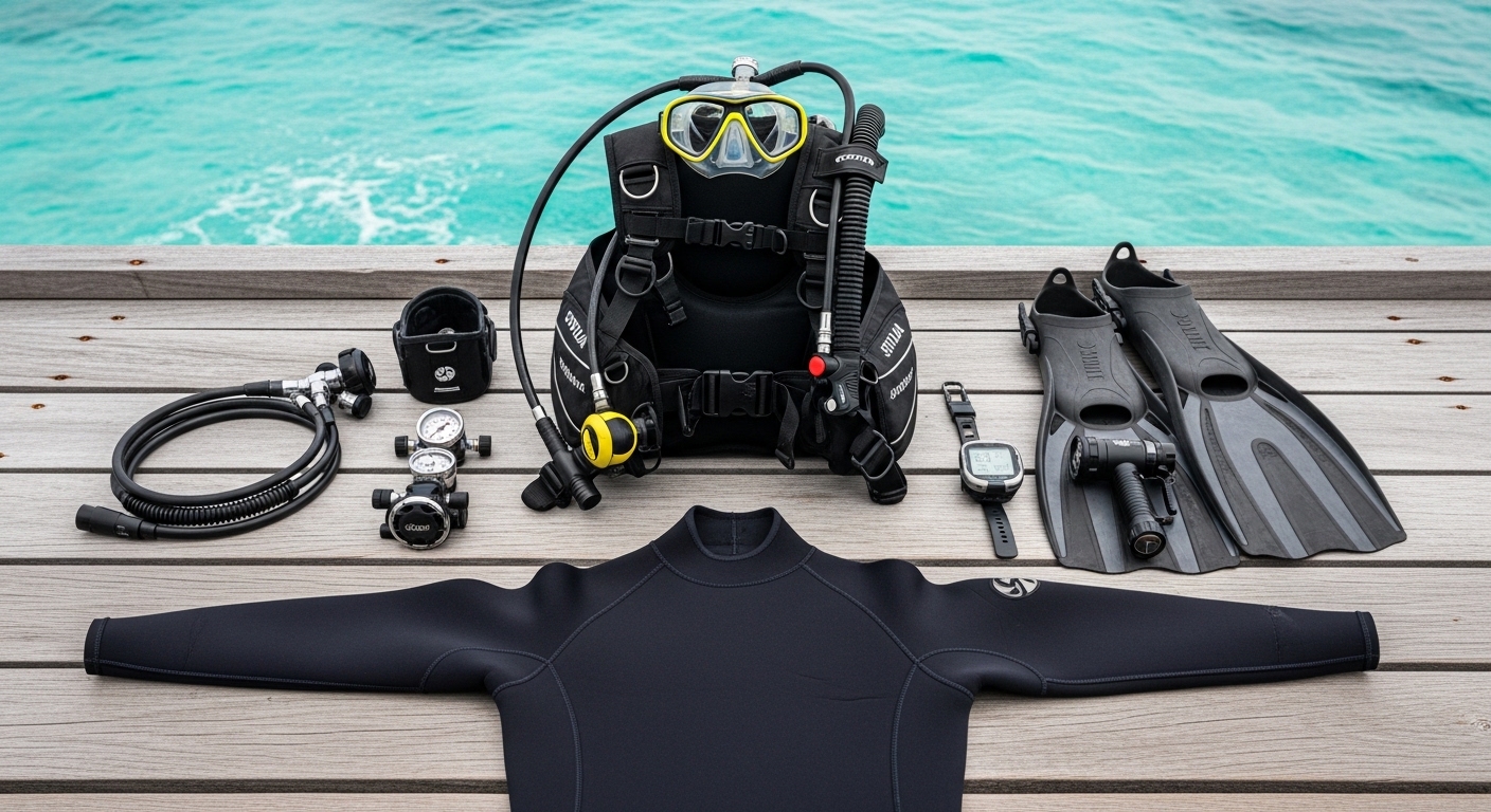 Komplette Tauchausrüstung für Einsteiger – Maske, Flossen, Neopren und Tauchcomputer