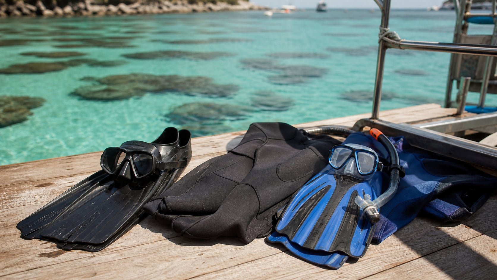 Neue Tauchausrüstung neben gemieteten Tauchgeräten auf einem Tauchdeck auf Koh Tao – Maske, Flossen und Neopren im Vergleich