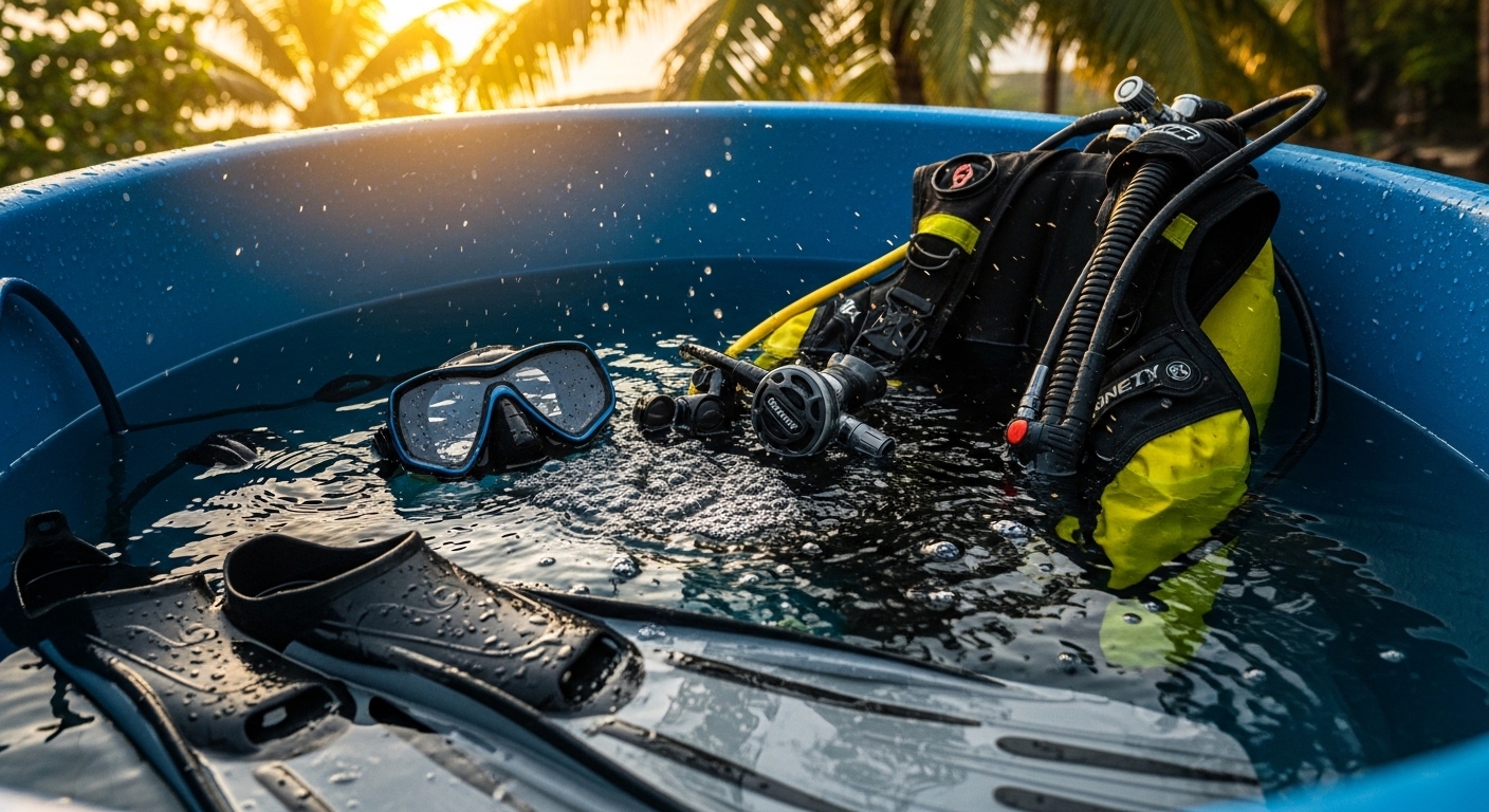 Tauchausrüstung wird nach dem Tauchen in Süßwasser gespült – Maske, Flossen und BCD auf einem Tauchdeck in Koh Tao