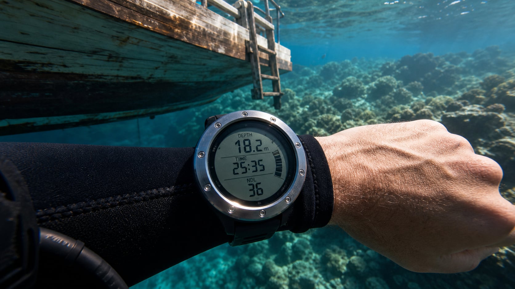 Nahaufnahme eines Tauchcomputers am Handgelenk unter Wasser mit gut sichtbarem Display und Tiefe, Zeit und Nullzeit