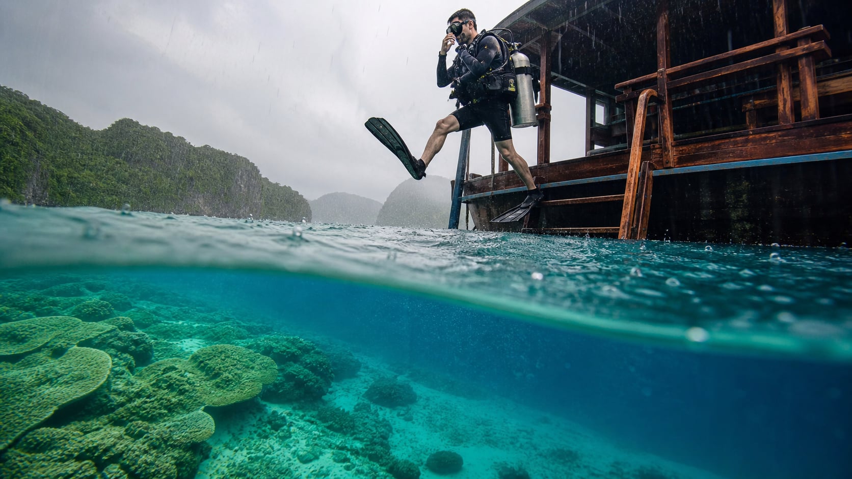 Taucher taucht unter Regenhimmel auf Koh Tao ins blaue Wasser ein