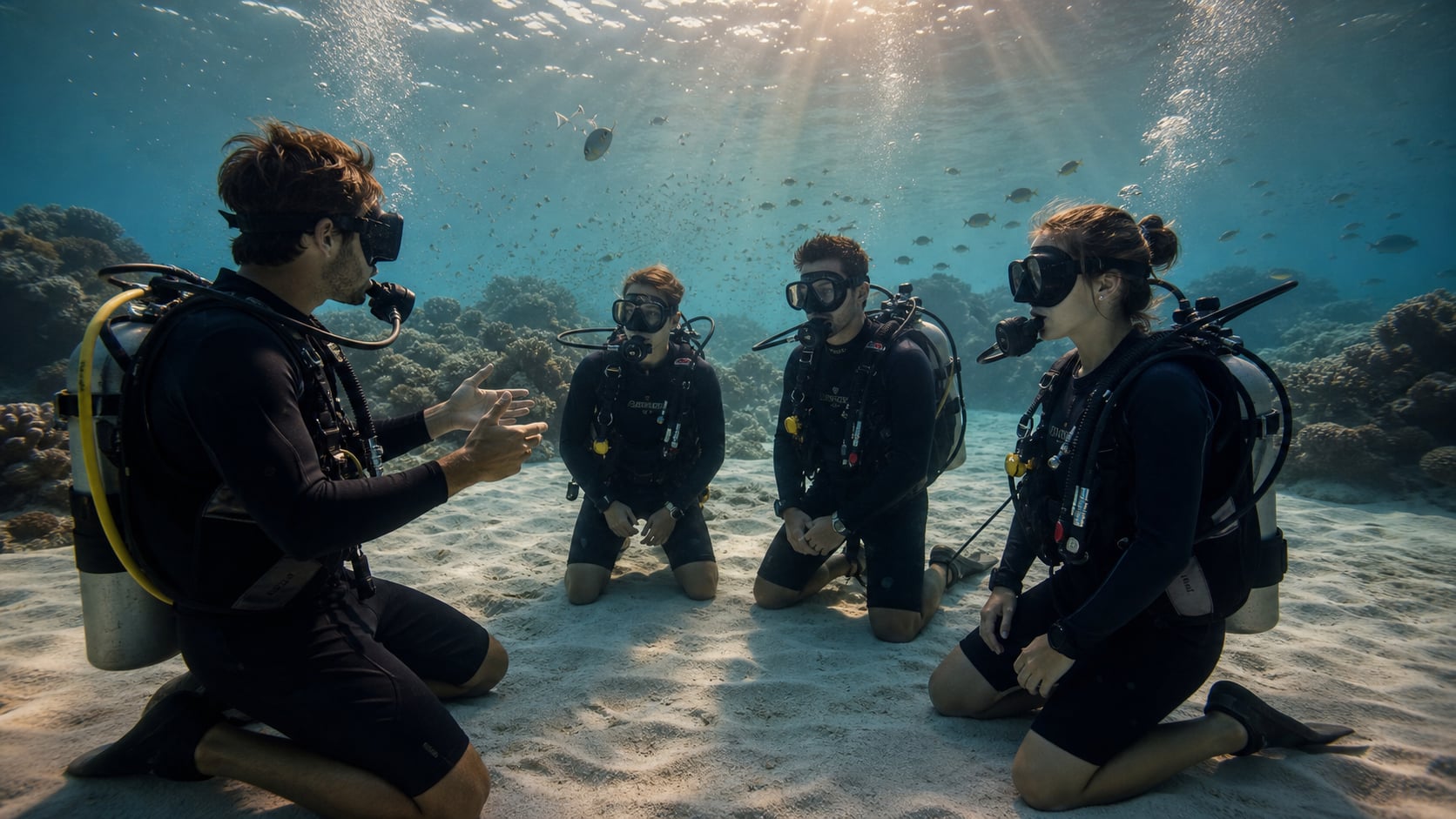 Tauchschüler beim Briefing vor dem Tauchkurs auf Koh Tao, Buchungsentscheidung vorab oder vor Ort