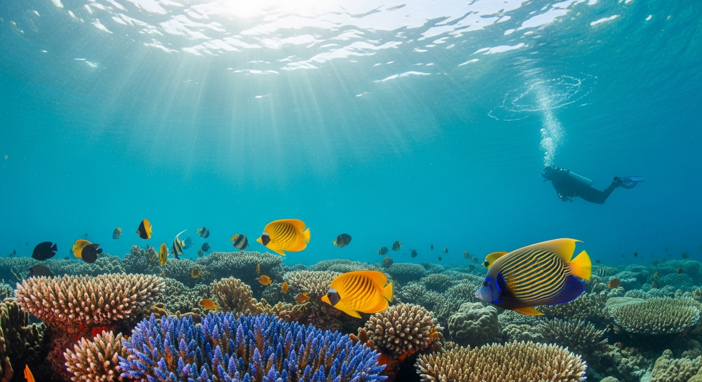 Tropisches Korallenriff mit bunten Fischen auf Koh Tao im August