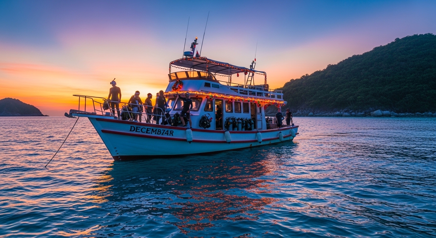 Weihnachtliche Stimmung auf einem Tauchboot bei Koh Tao im Dezember