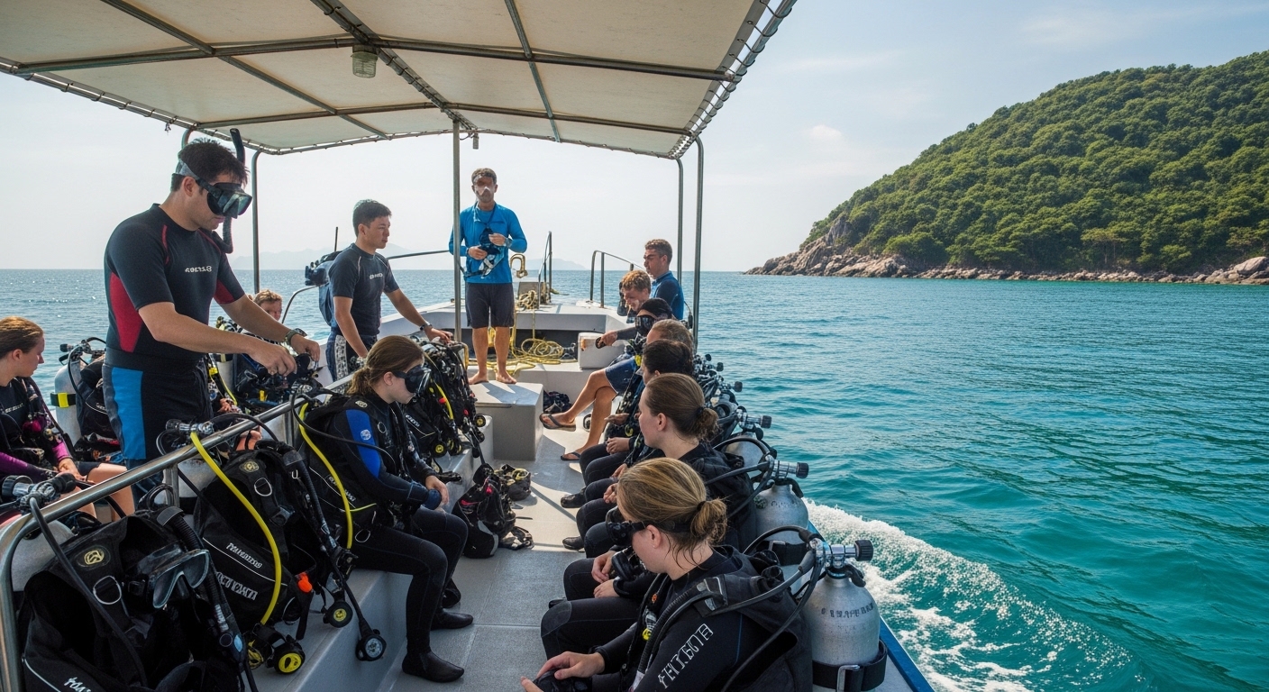 Taucher schwebt über buntem Korallenriff auf Koh Tao im Juli bei guter Sicht