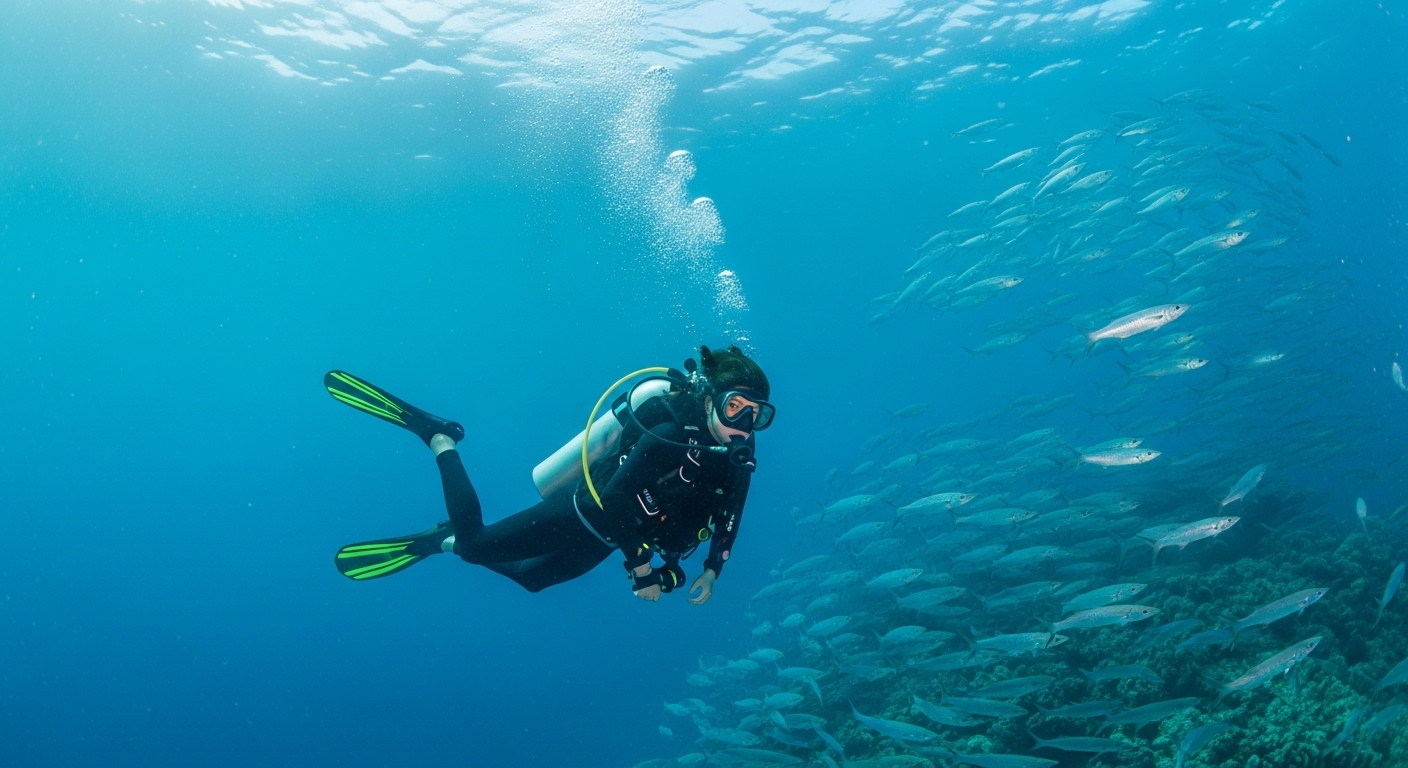 Taucher mit Walhai am Chumphon Pinnacle bei Koh Tao im März