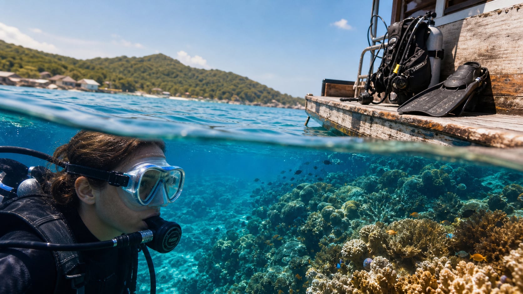 Taucher schaut durch Tauchmaske unter Wasser auf buntes Korallenriff – Sehkorrektur beim Tauchen