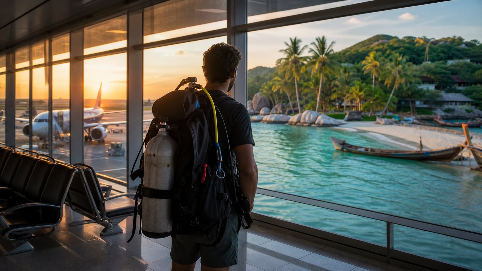 Reisender mit Taucherrucksack am Flughafen Bangkok Suvarnabhumi auf dem Weg nach Koh Tao Thailand