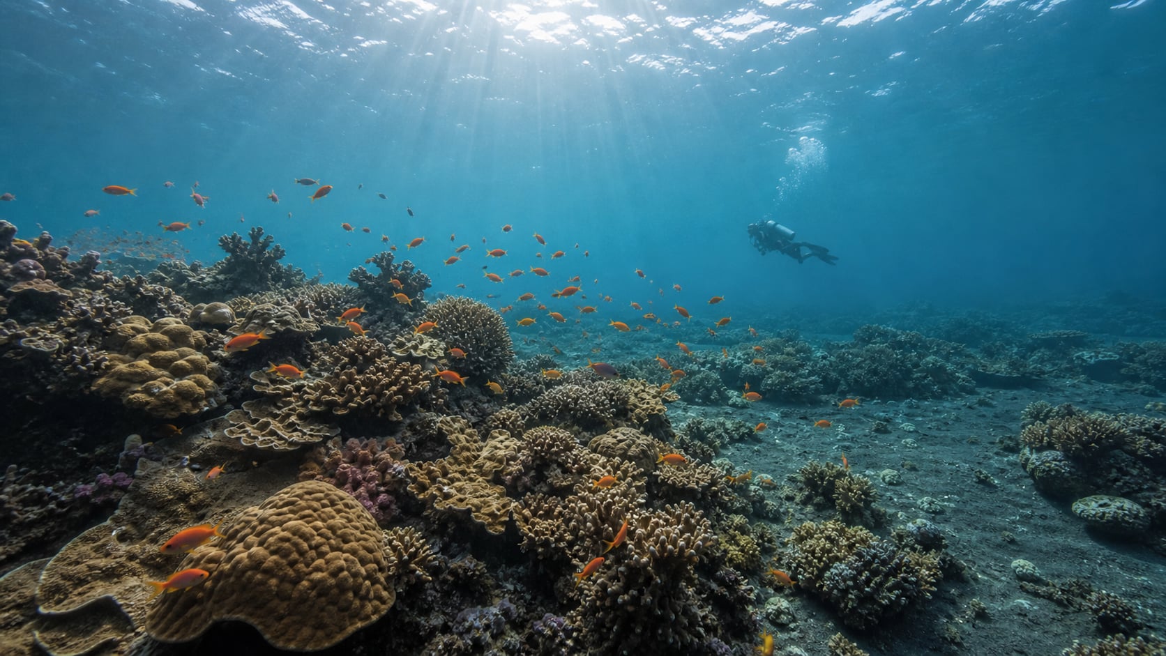 Korallenhang beim Tauchen in Pemuteran, Nordwest-Bali, mit Taucher und Anthias-Schwarm