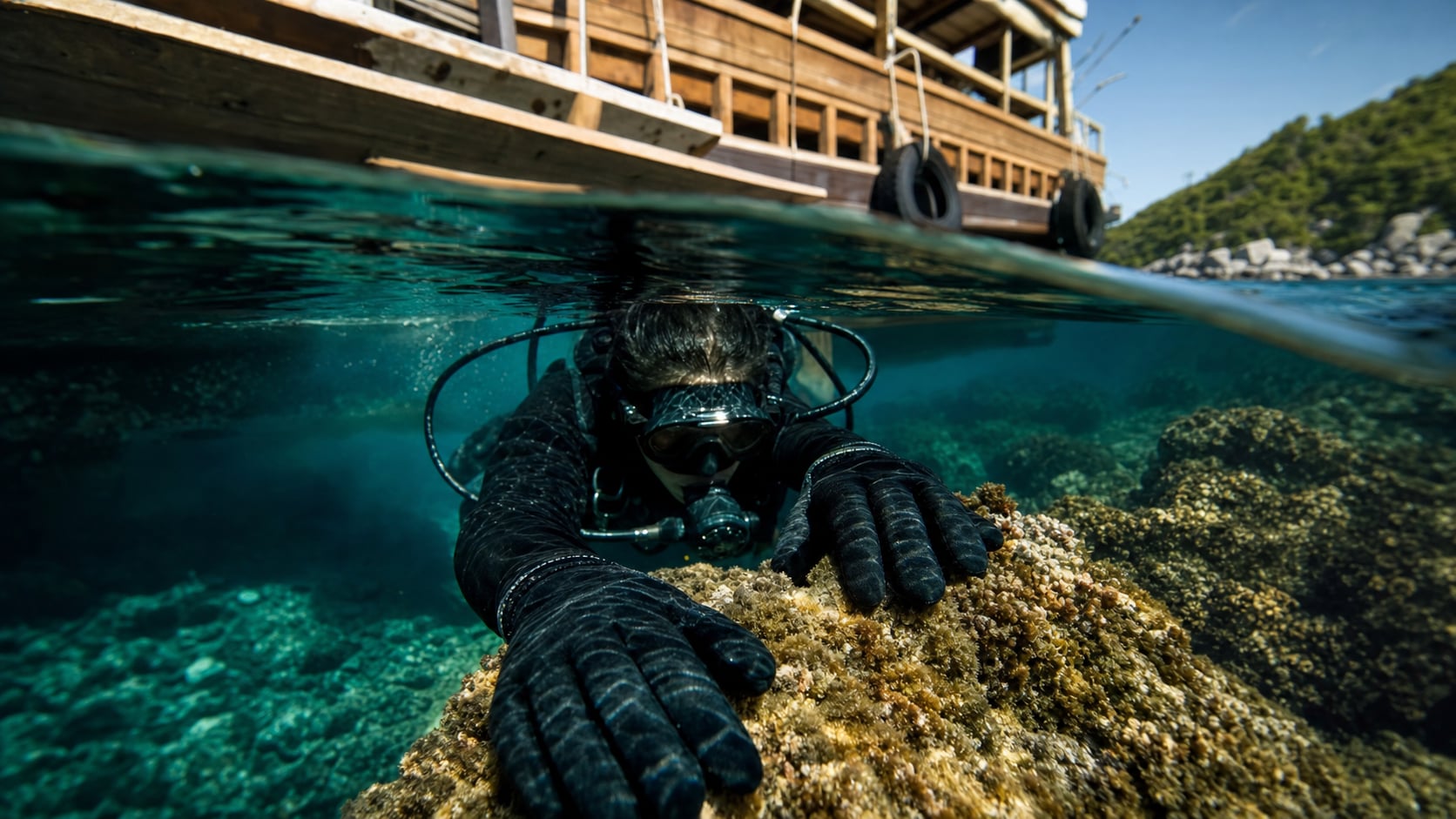 Taucher mit schwarzen Neoprenhandschuhen hält sich an einem Felsvorsprung am Korallenriff auf Koh Tao