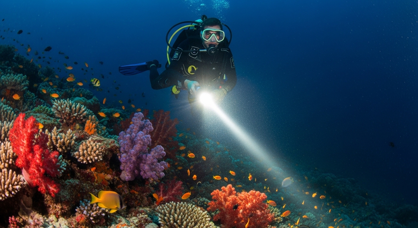 Taucher mit heller Tauchlampe beleuchtet Korallenriff bei Nachttauchgang