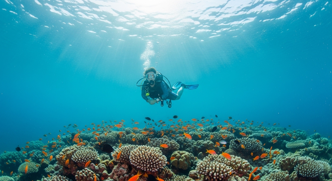 Taucher mit Tauchmaske unter Wasser am Korallenriff vor Koh Tao