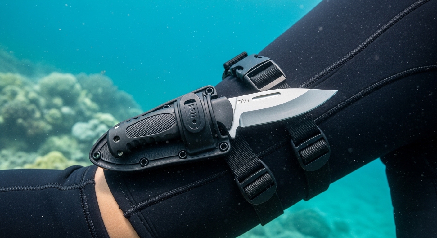 Tauchmesser am Bein eines Tauchers befestigt – Nahaufnahme unter Wasser vor tropischem Korallenriff