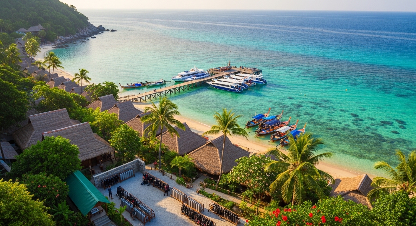 Tauchresort auf Koh Tao mit eigenem Bootssteg und türkisblauem Ozean