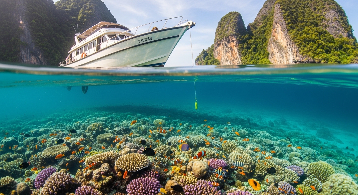 Tauchboot auf dem türkisblauen Golf von Thailand mit Kalksteinfelsen im Hintergrund