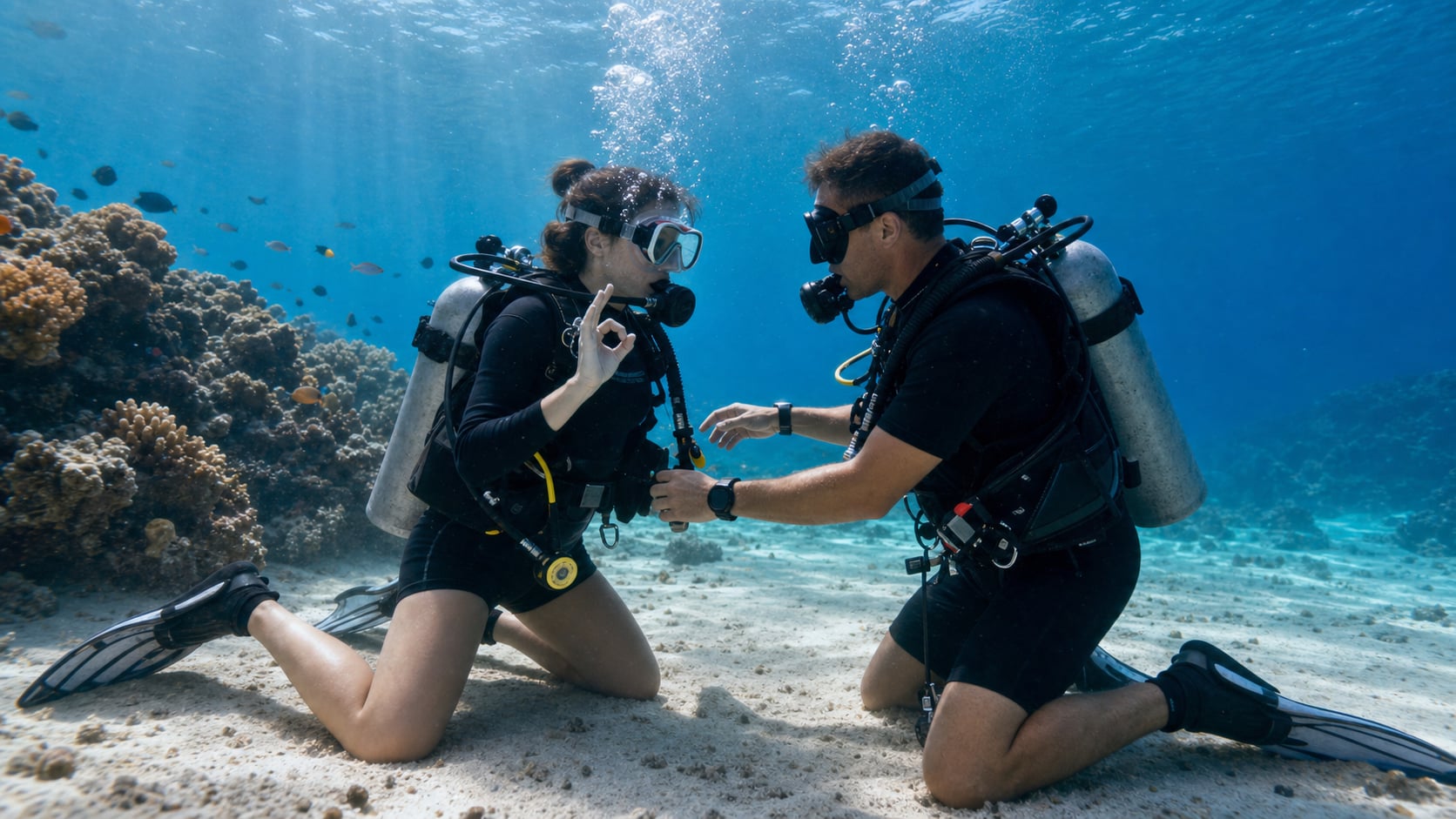 Tauchschüler beim Open Water Kurs im warmen, klaren Wasser von Koh Tao in Thailand