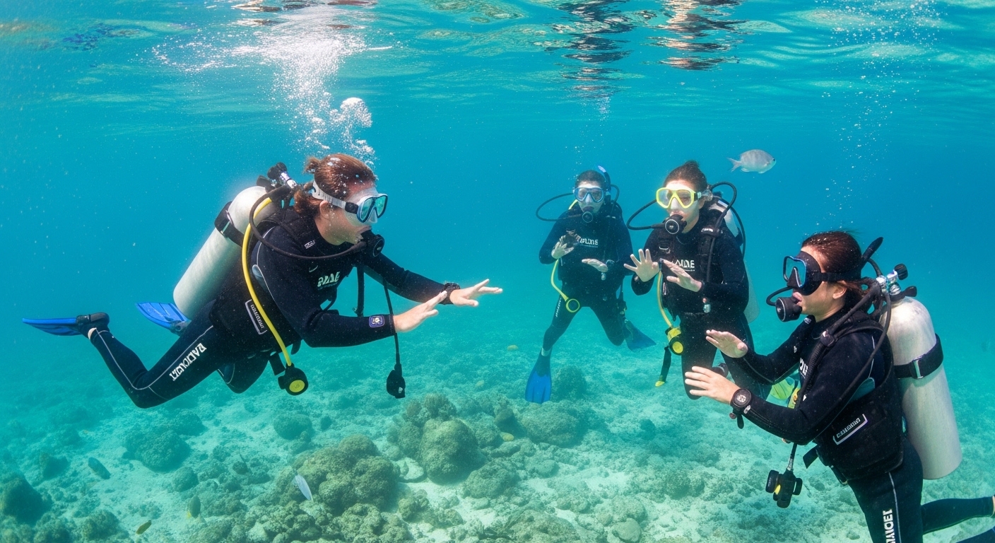 Taucher übt Rescue-Techniken im flachen Wasser auf Koh Tao