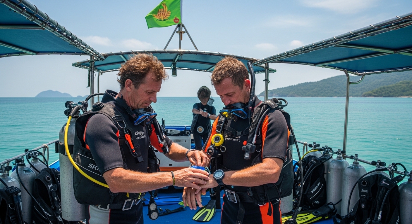 Tauchlehrer hilft Schüler beim Refresher Kurs im Pool