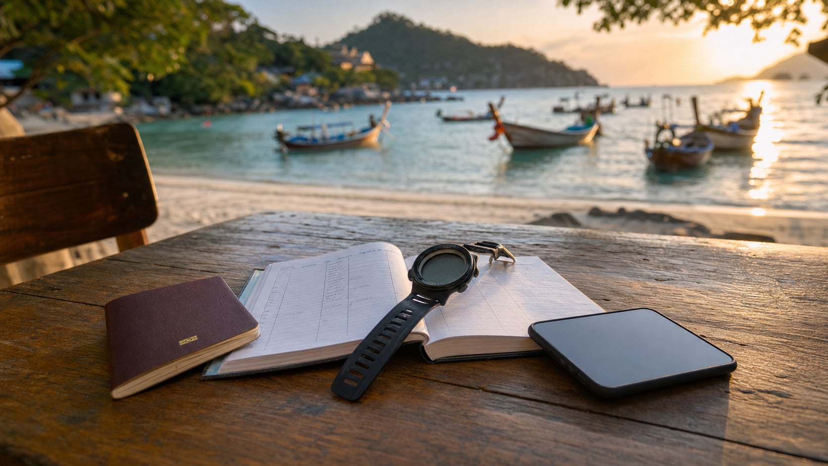 Tauchreise-Planung mit Reisepass, Logbuch und Tauchcomputer am Strand auf Koh Tao