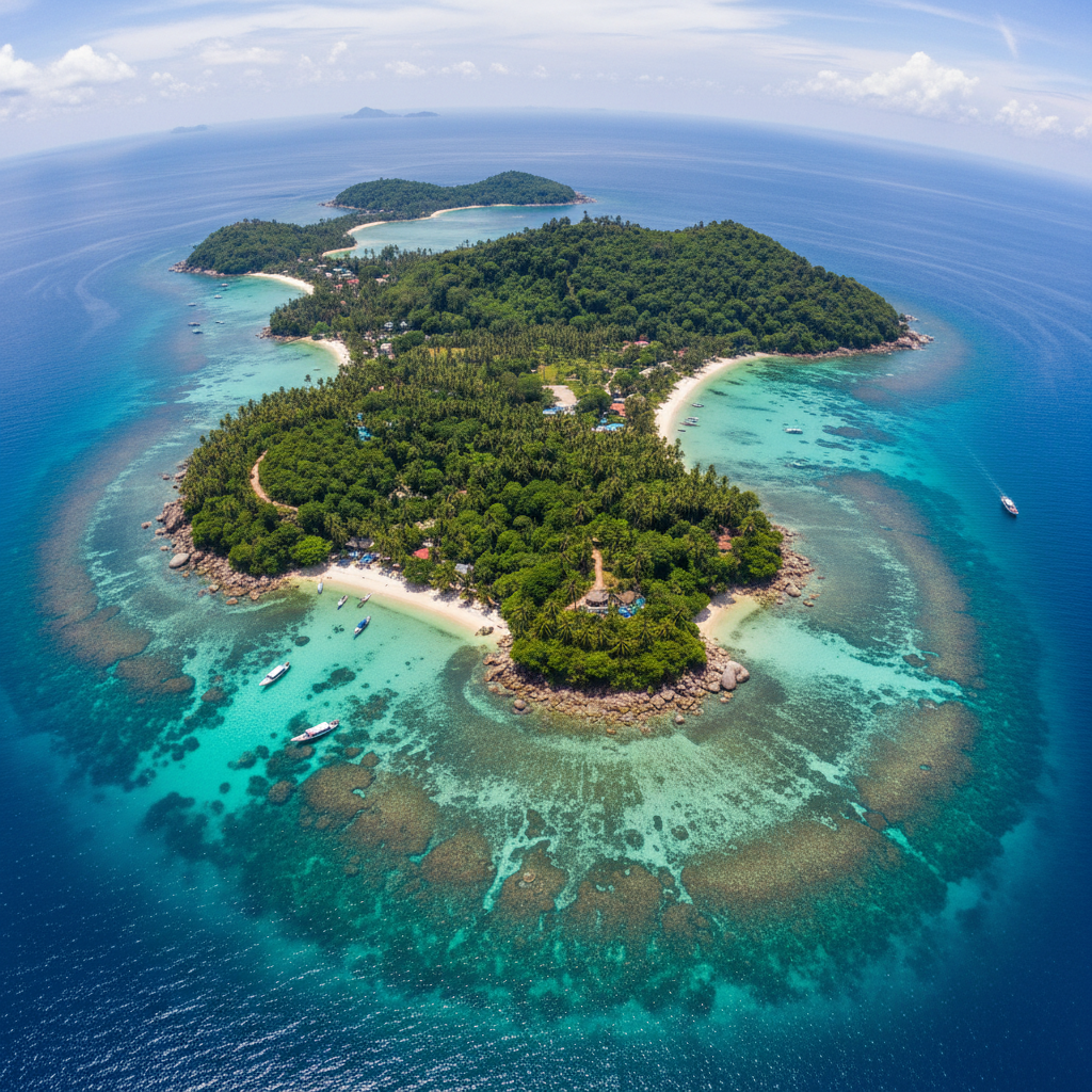 Thailand-Reiseroute mit Highlight Koh Tao — Blick auf die Insel aus der Luft