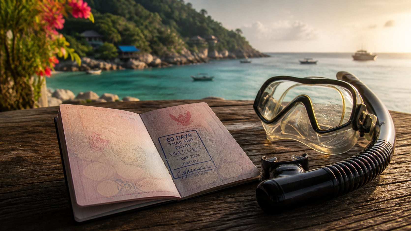 Reisepass mit Thailand-Einreisestempel und Tauchausrüstung auf einem Holztisch