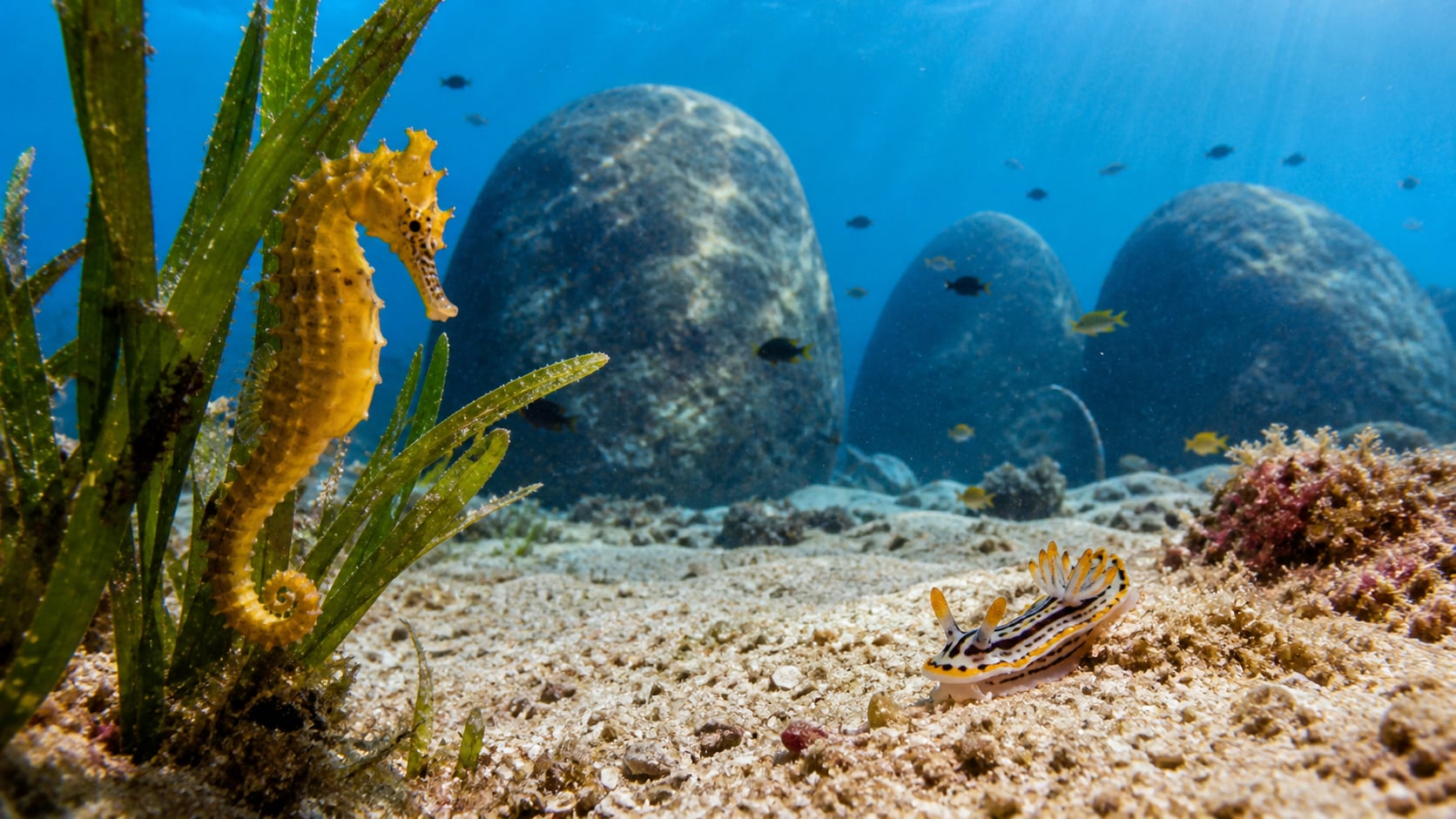 Makro-Taucher fotografiert Seepferdchen an den Granitfelsen von Three Rocks, Koh Tao