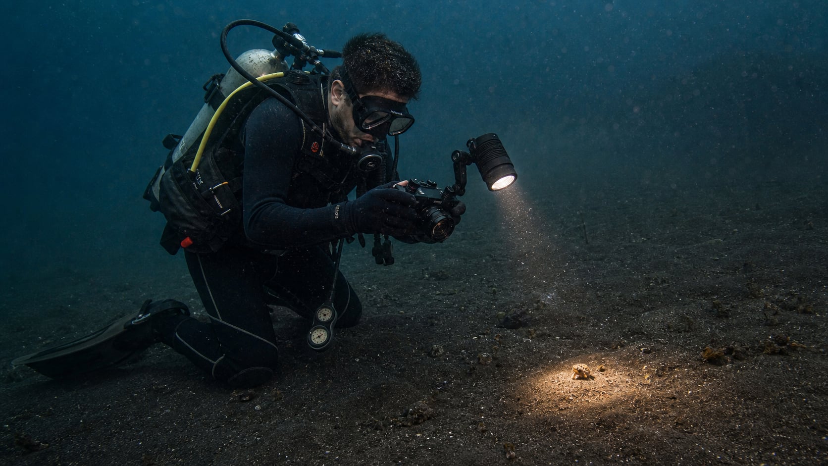 Unterwasserfotograf mit Kompaktkamera und Lampe über schwarzem Vulkansand an Balis Ostküste