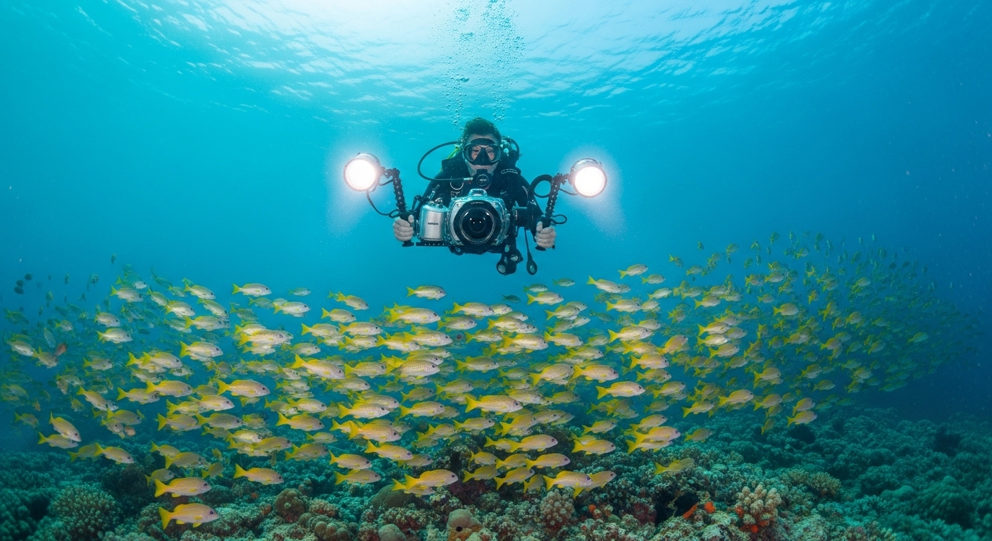 Taucher filmt buntes Korallenriff auf Koh Tao mit GoPro und Unterwasserlicht