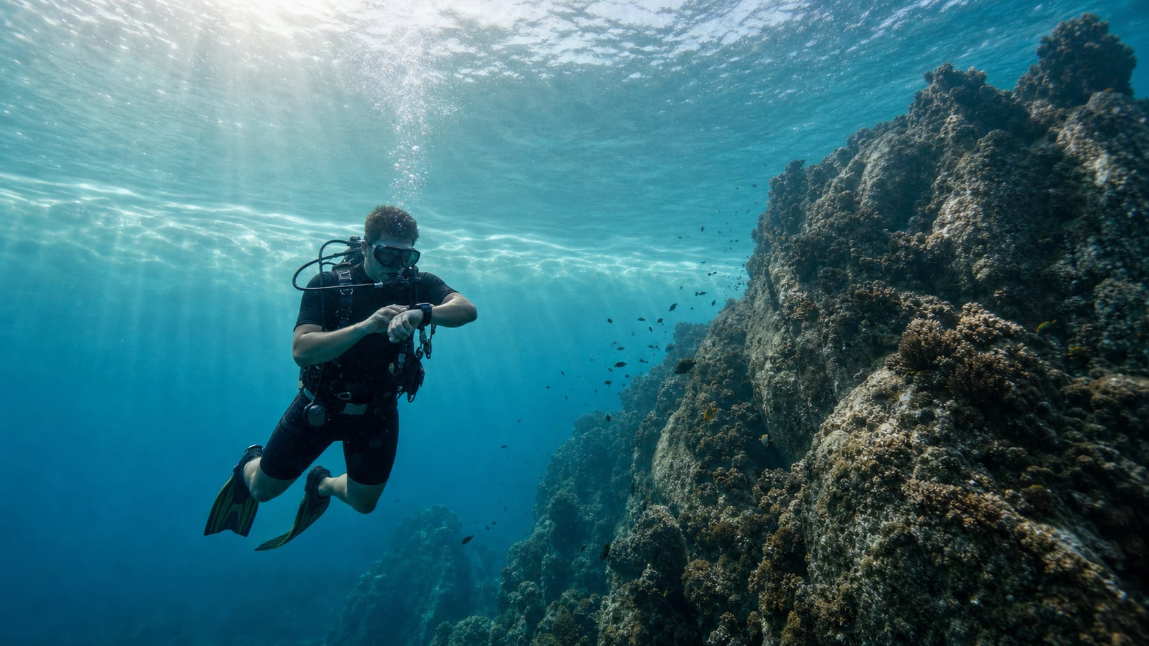 Taucher im 3-mm-Shorty bei warmer Wassertemperatur auf Koh Tao über einem Korallenriff im Golf von Thailand