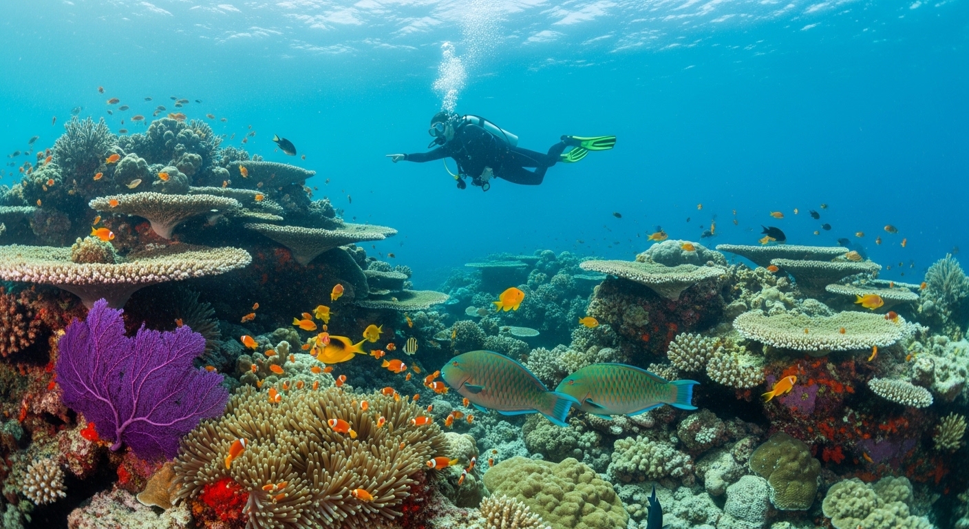 Taucher über Korallenriff am White Rock Koh Tao – bunte Fische und Seeanemonen