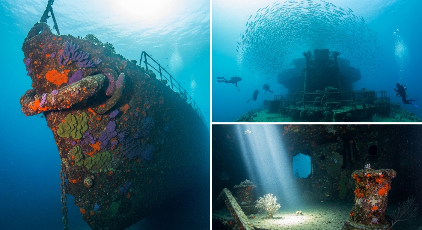 Taucher erkunden das versunkene Kriegsschiff HTMS Sattakut vor Koh Tao