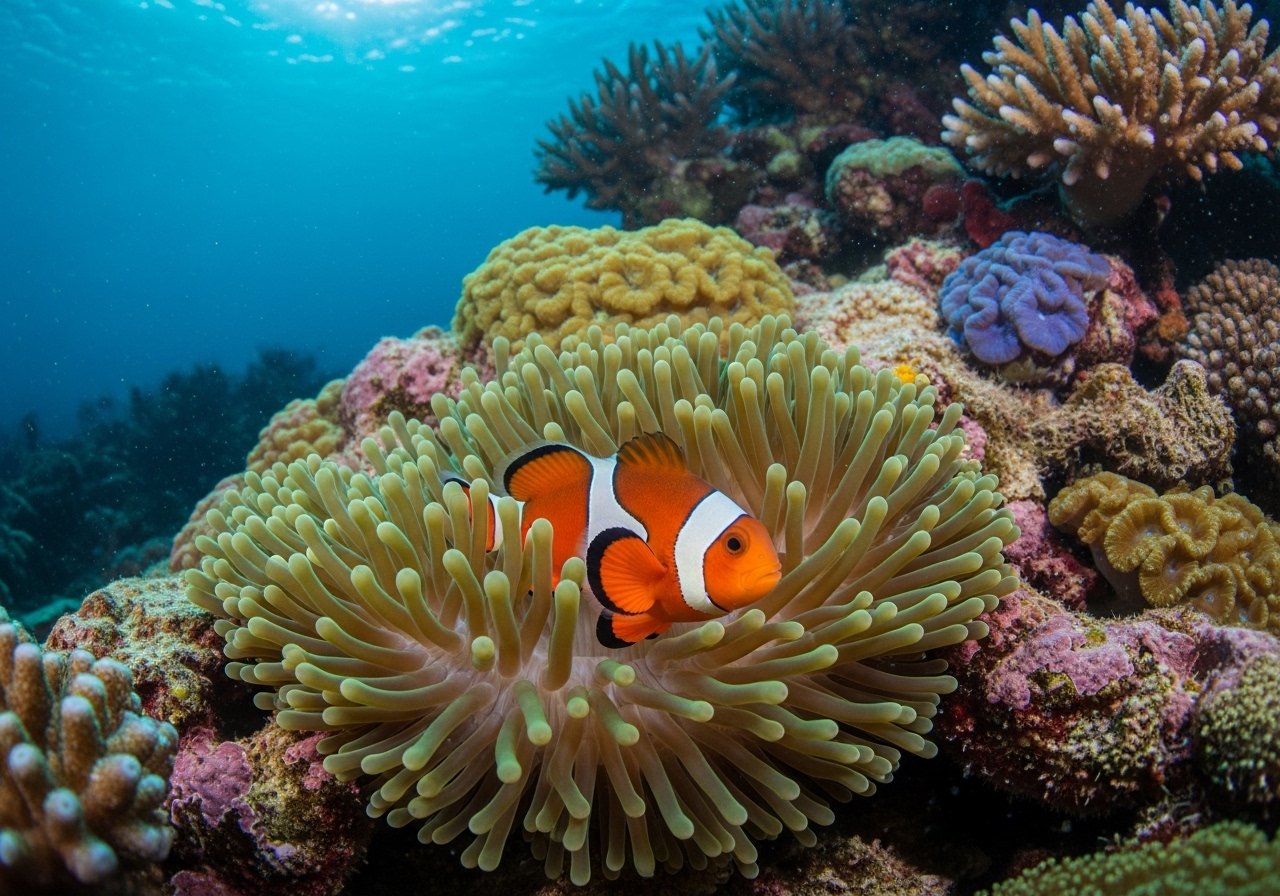 Unterwasserfoto: Sattelfleck-Anemonenfisch (Amphiprion polymnus) in Koh Tao