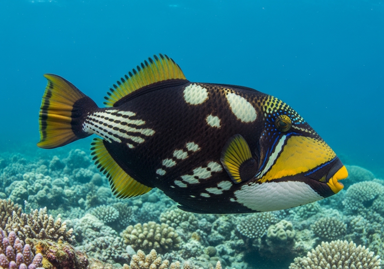 Unterwasserfoto: Clown-Drückerfisch (Balistoides conspicillum) in Koh Tao