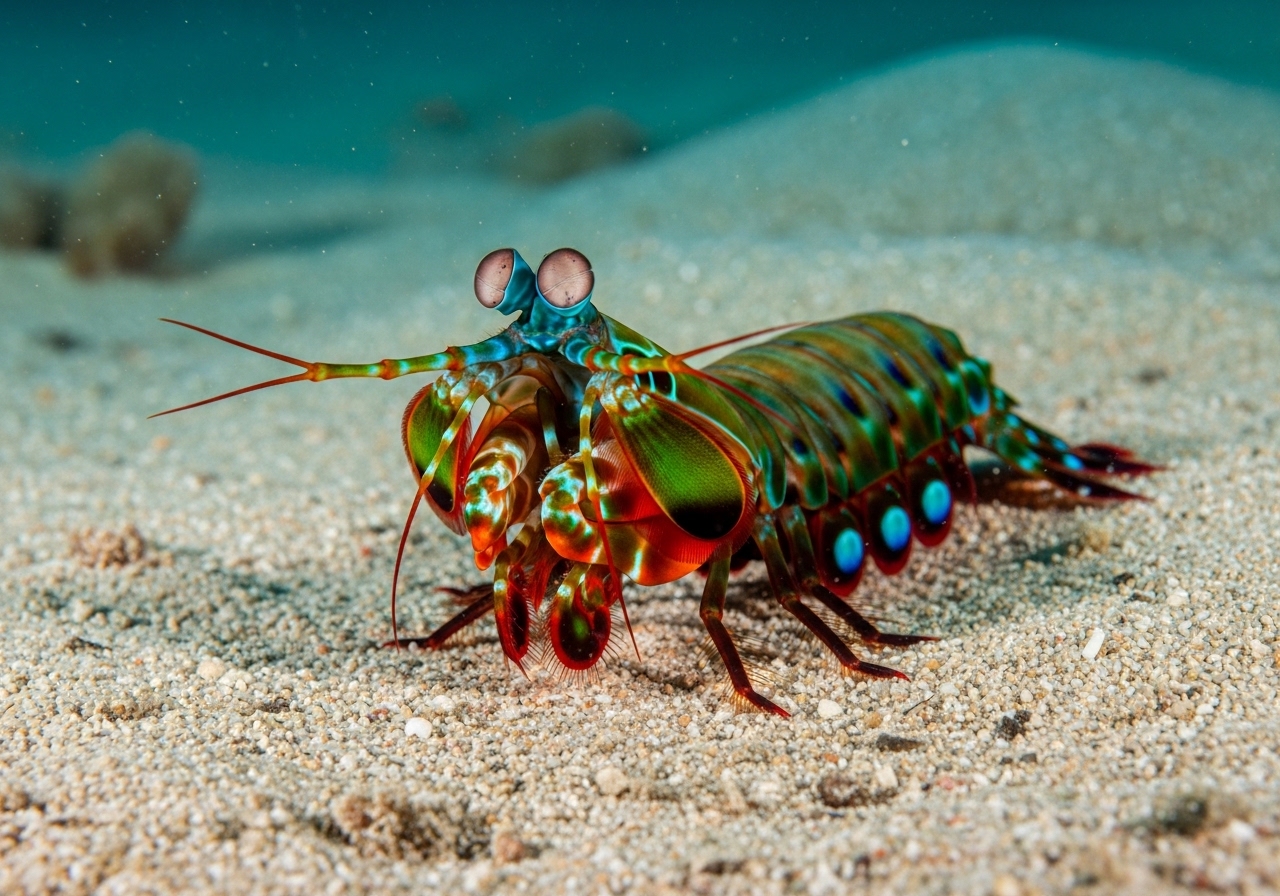 Unterwasserfoto: Fangschreckenkrebs (Odontodactylus scyllarus) in Koh Tao