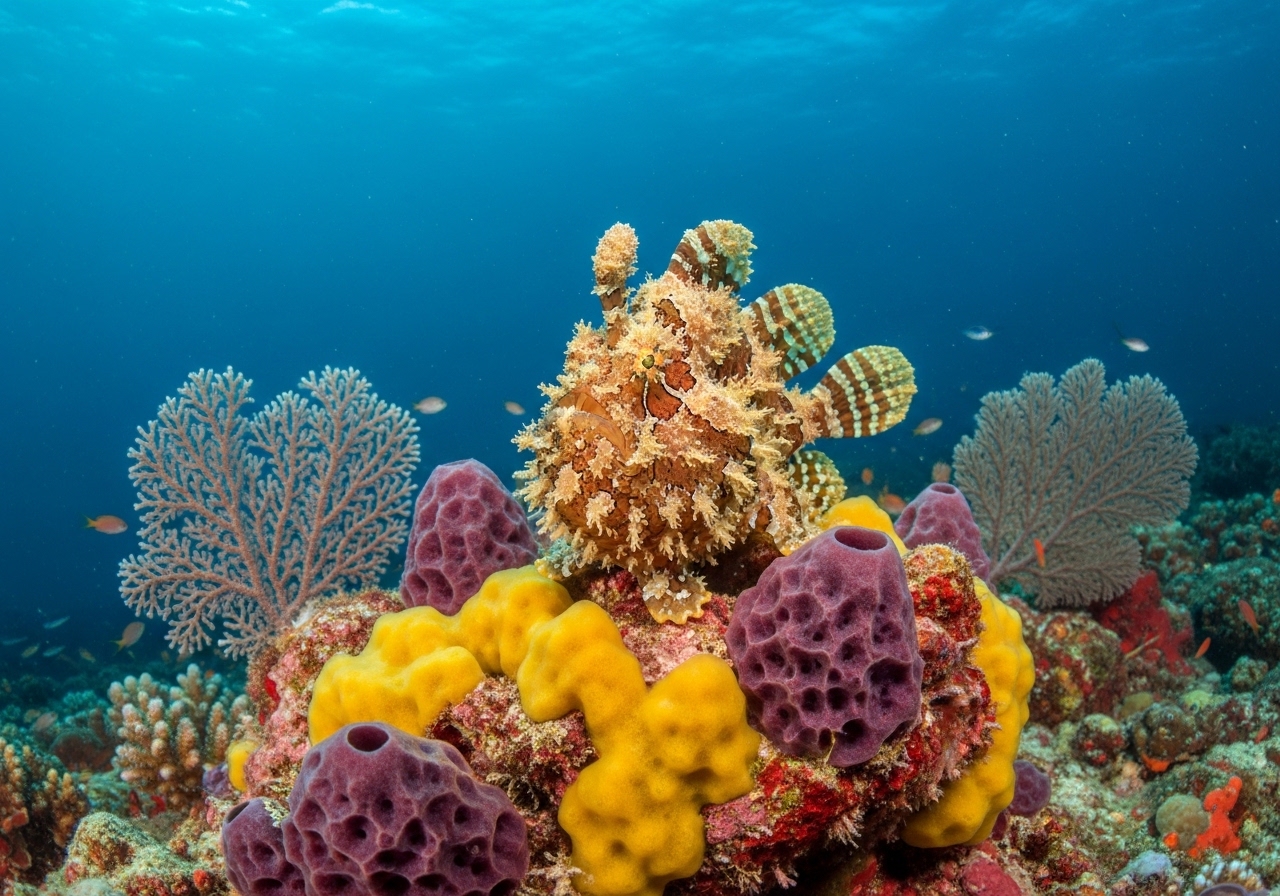 Unterwasserfoto: Froschfisch (Anglerfisch) (Antennarius maculatus) in Koh Tao