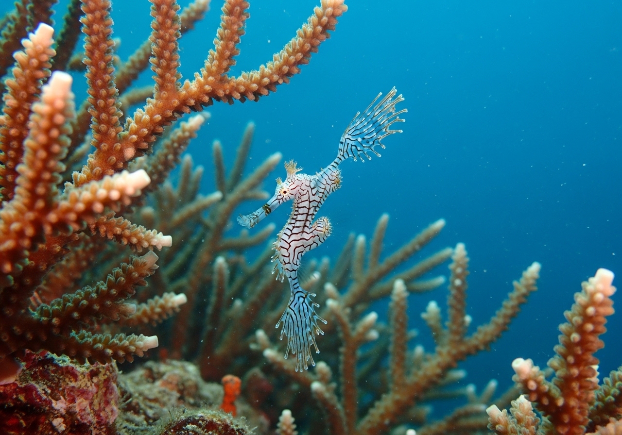 Unterwasserfoto: Gespensterpfeifenfisch (Solenostomus paradoxus) in Koh Tao