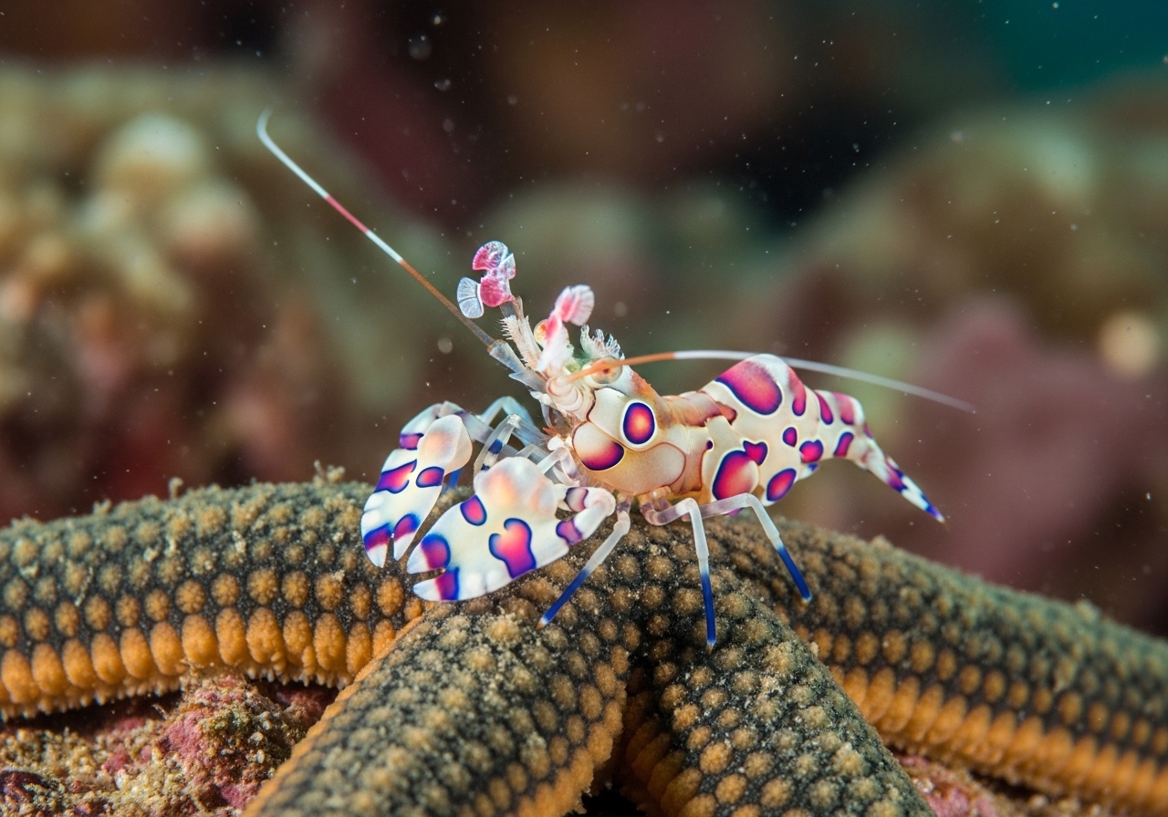Unterwasserfoto: Harlekin-Garnele (Hymenocera picta) in Koh Tao