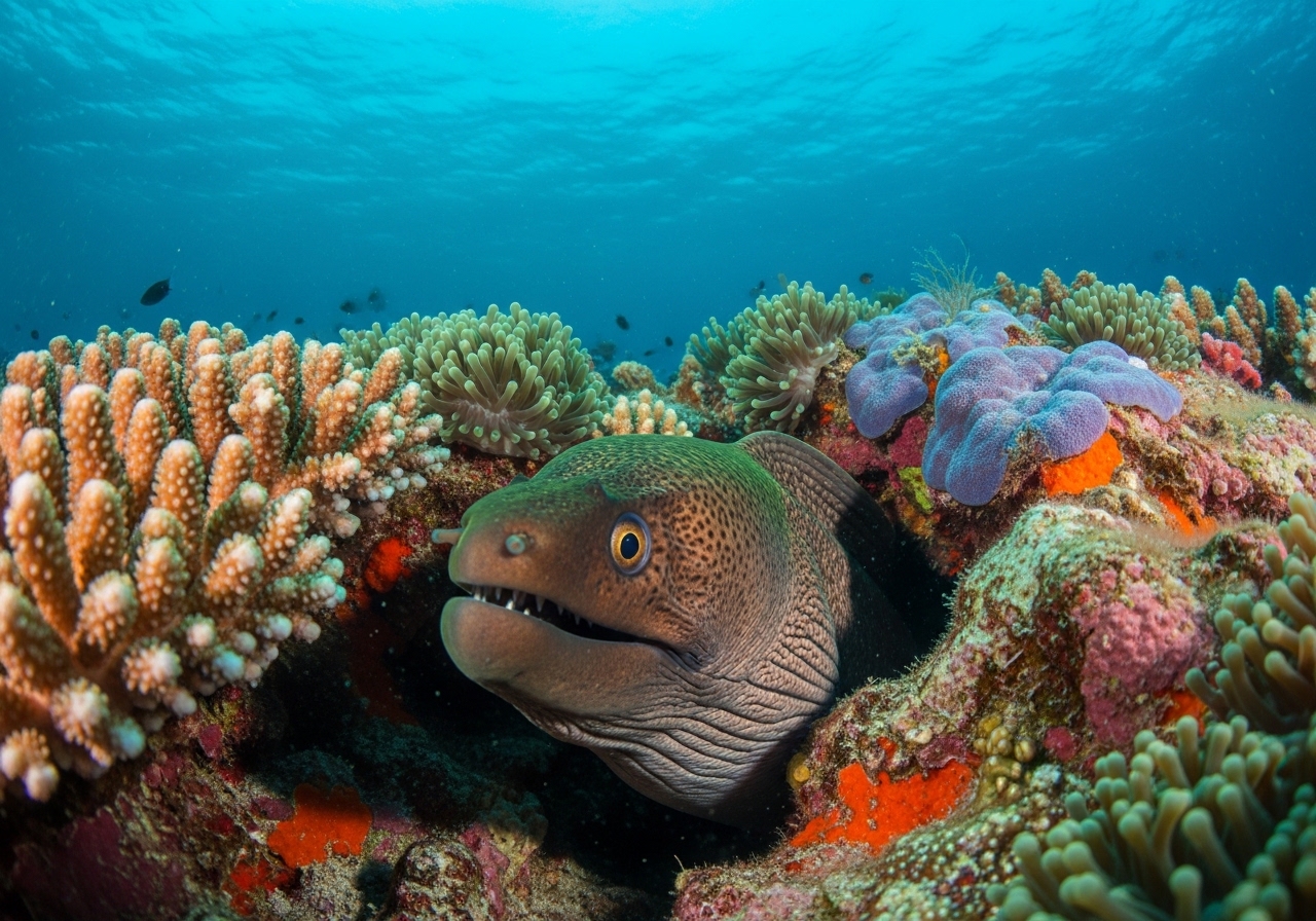Unterwasserfoto: Muräne (Gymnothorax thyrsoideus) in Koh Tao