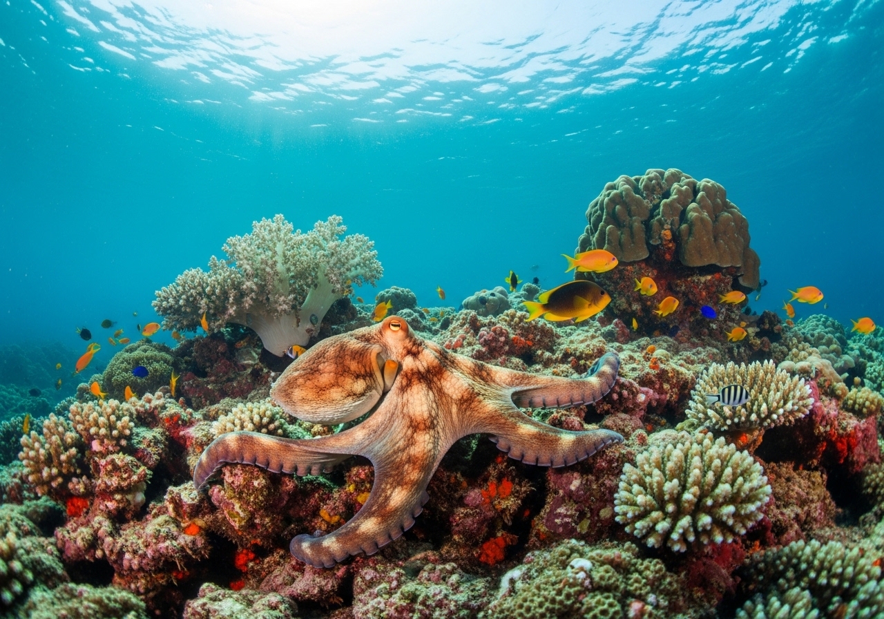 Unterwasserfoto: Oktopus (Octopus cyanea) in Koh Tao