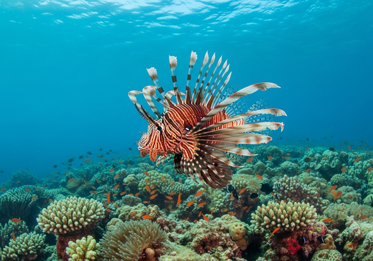 Unterwasserfoto: Indischer Rotfeuerfisch (Pterois miles) in Koh Tao