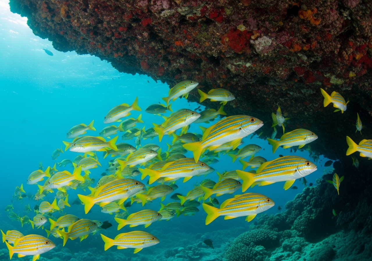 Unterwasserfoto: Gelbstreifen-Schnapper (Lutjanus kasmira) in Koh Tao