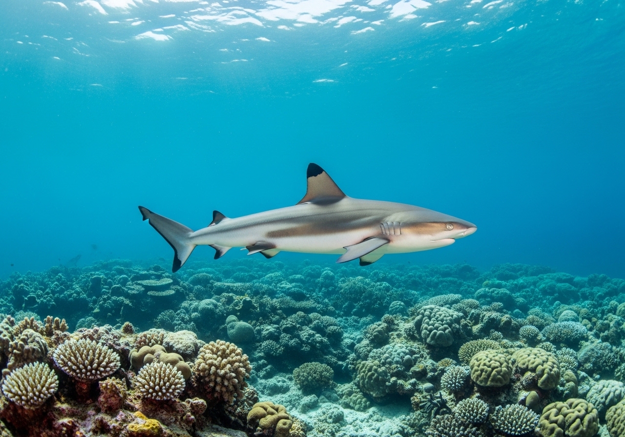 Unterwasserfoto: Schwarzspitzen-Riffhai (Carcharhinus melanopterus) in Koh Tao
