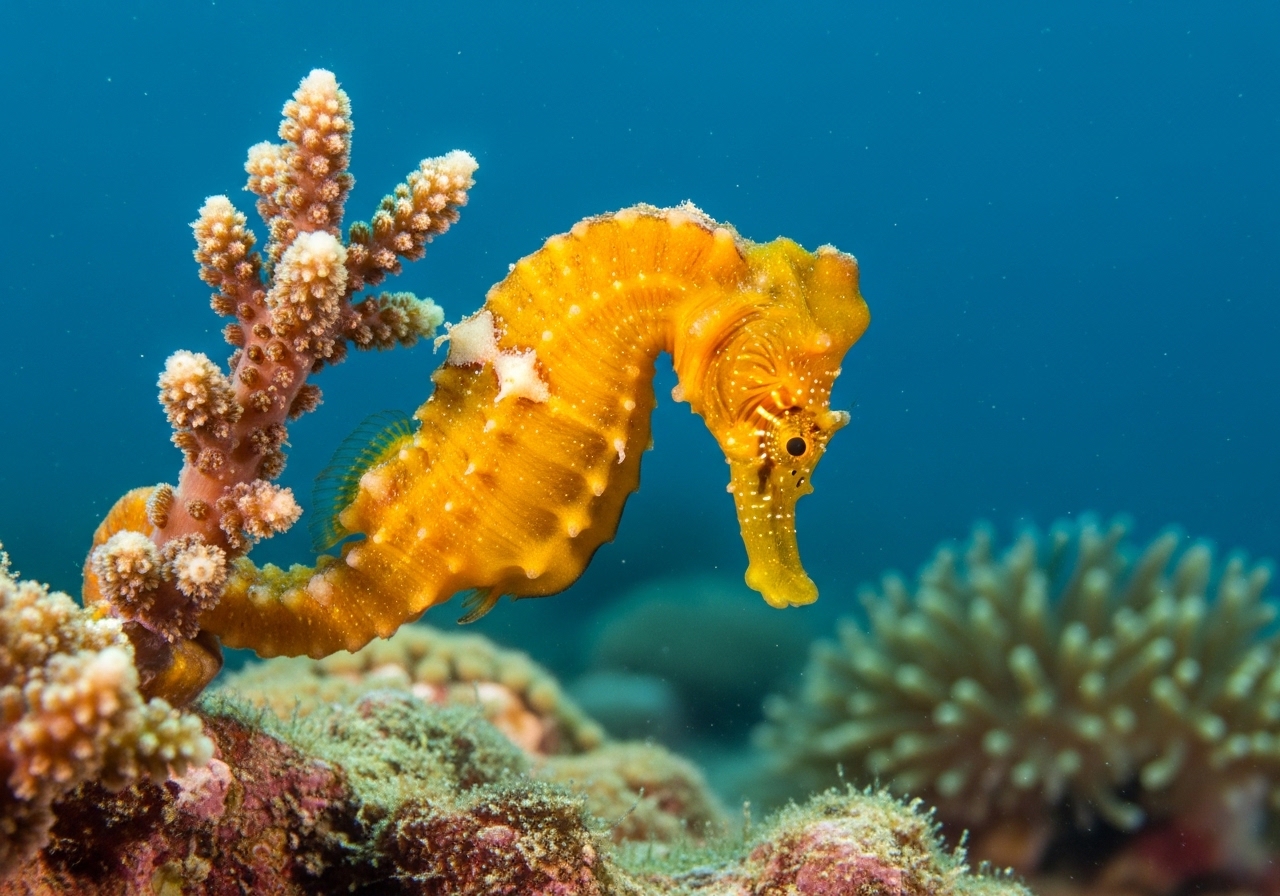 Unterwasserfoto: Seepferdchen (Hippocampus kuda) in Koh Tao
