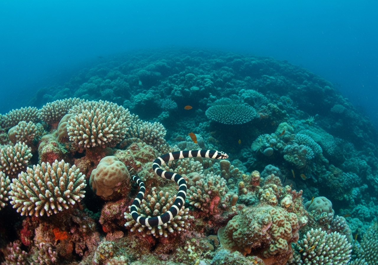 Unterwasserfoto: Gebänderte Seeschlange (Laticauda colubrina) in Koh Tao